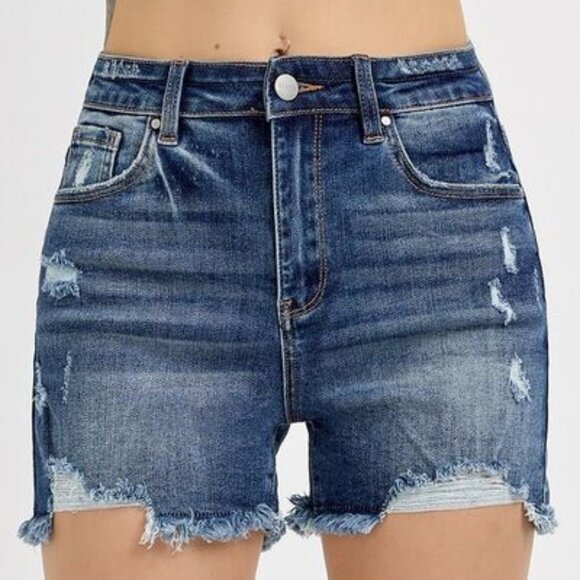 RISEN Distressed Raw Hem Denim Shorts for Women - Picture 1 of 3